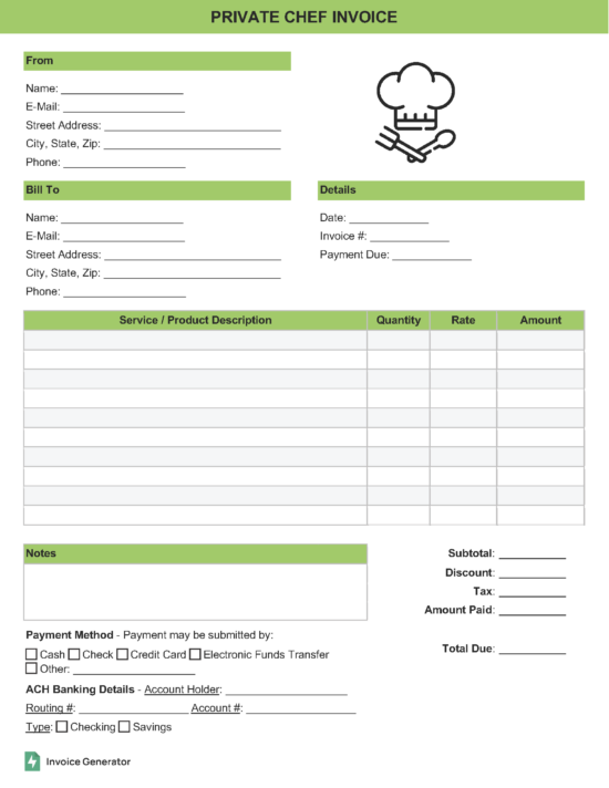 Private chef invoice template