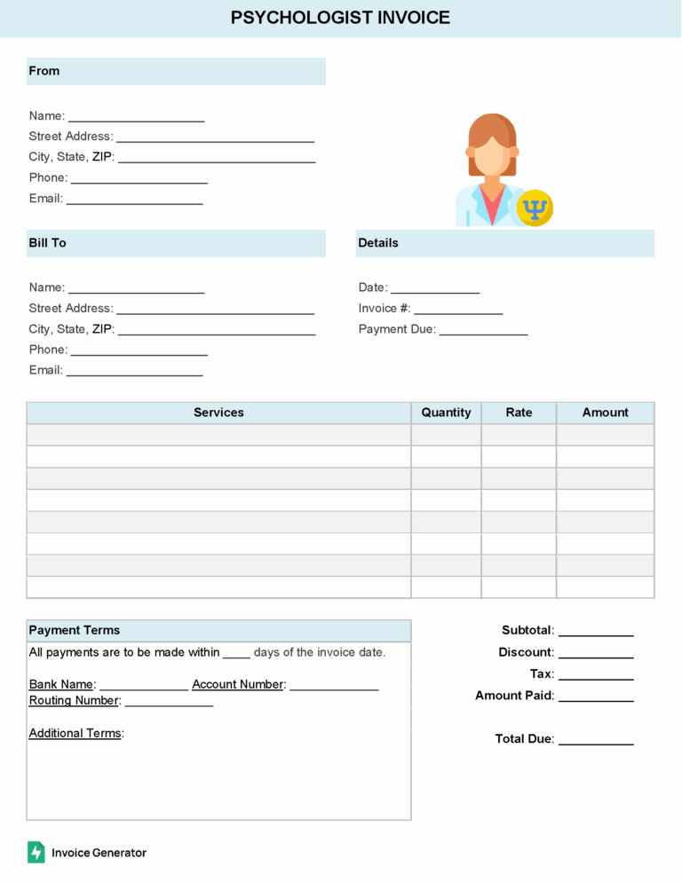 Psychologist invoice template