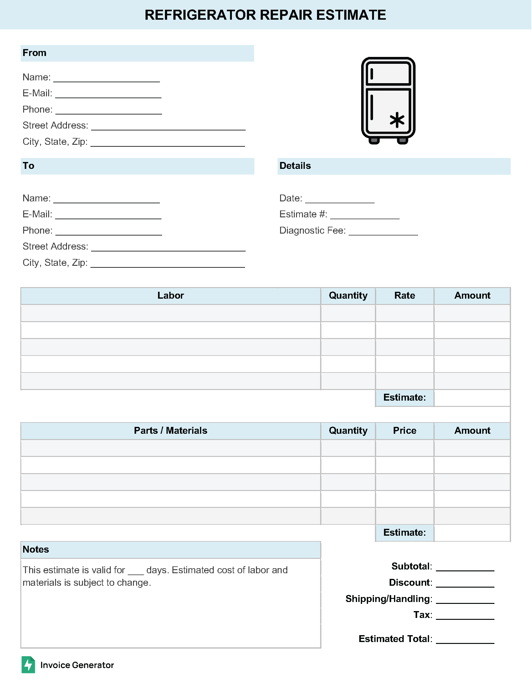 Refrigerator repair estimate template