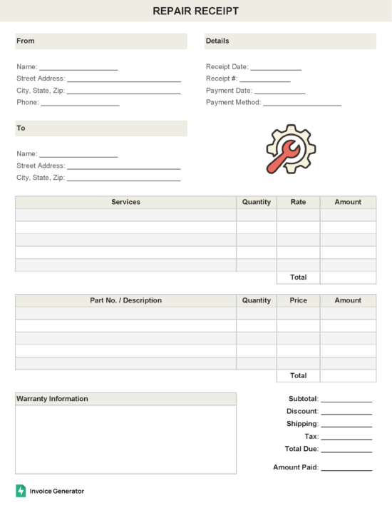 Repair receipt template