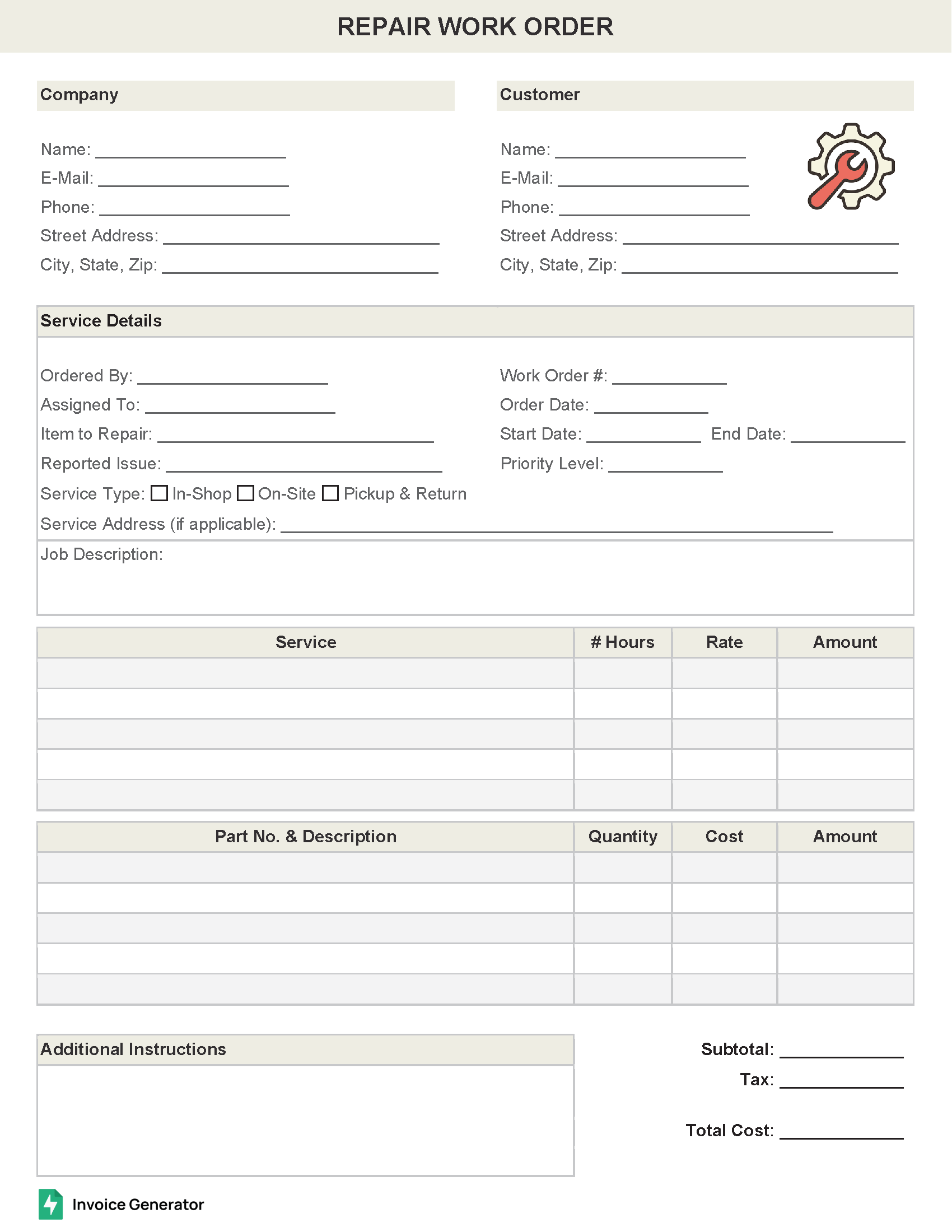Repair (Maintenance) Work Order Templates (3)