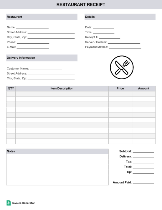 Restaurant receipt template