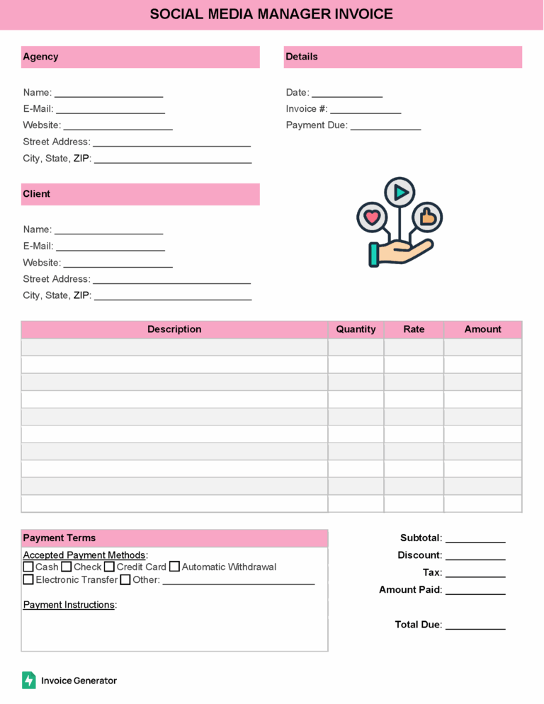 Social media manager invoice template