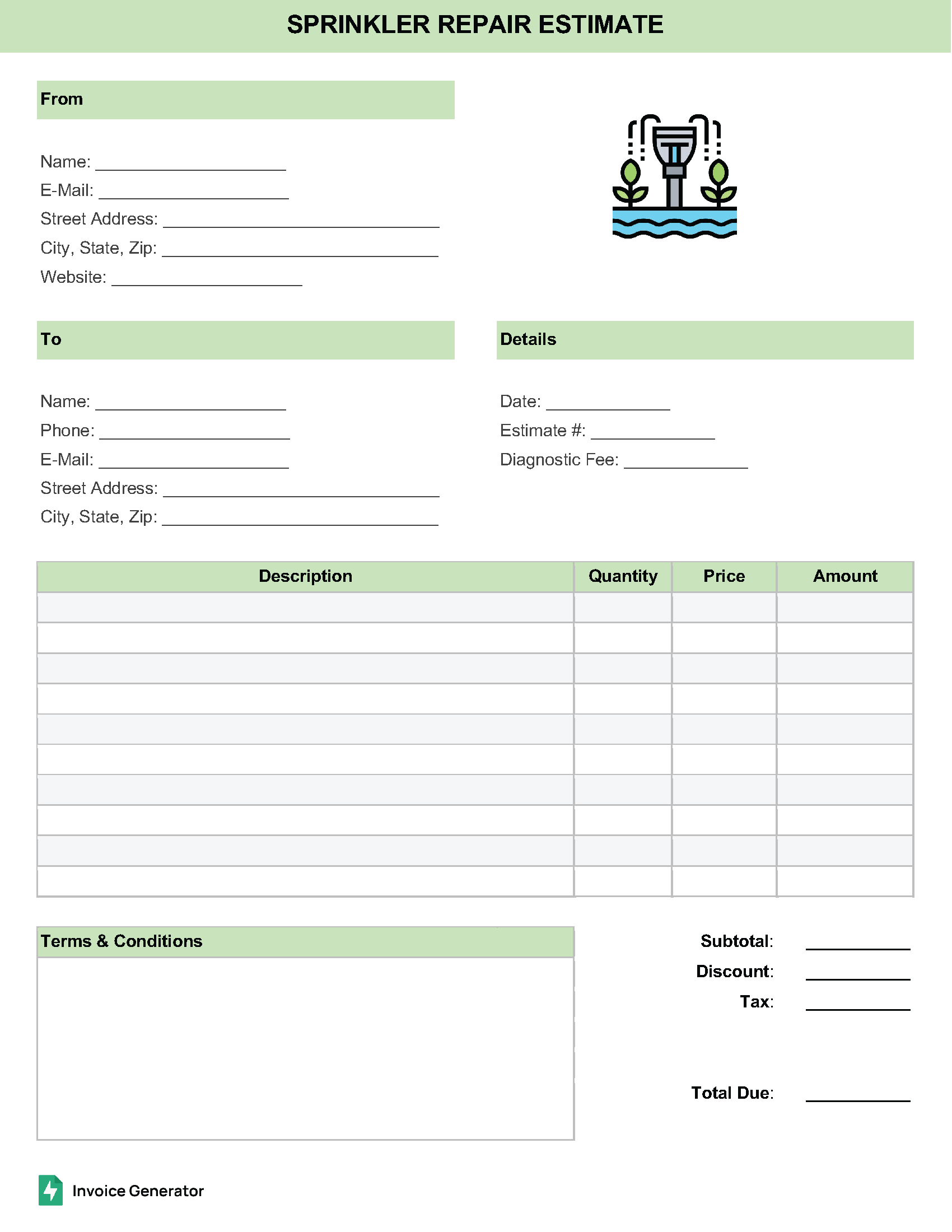 Sprinkler repair estimate template