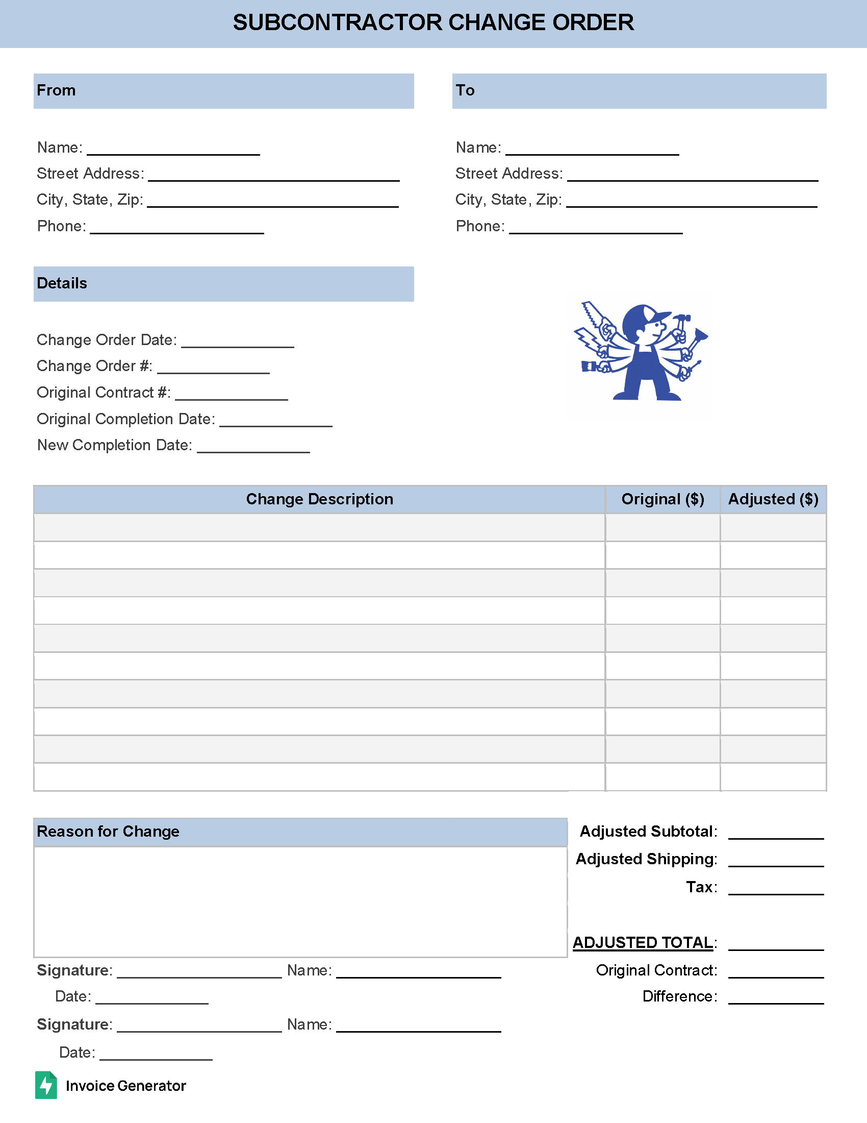 Subcontractor Change Order Template