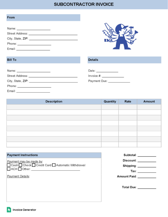 Subcontractor Invoice Template