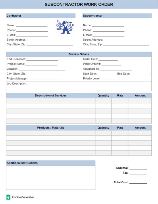 Subcontractor Work Order Template