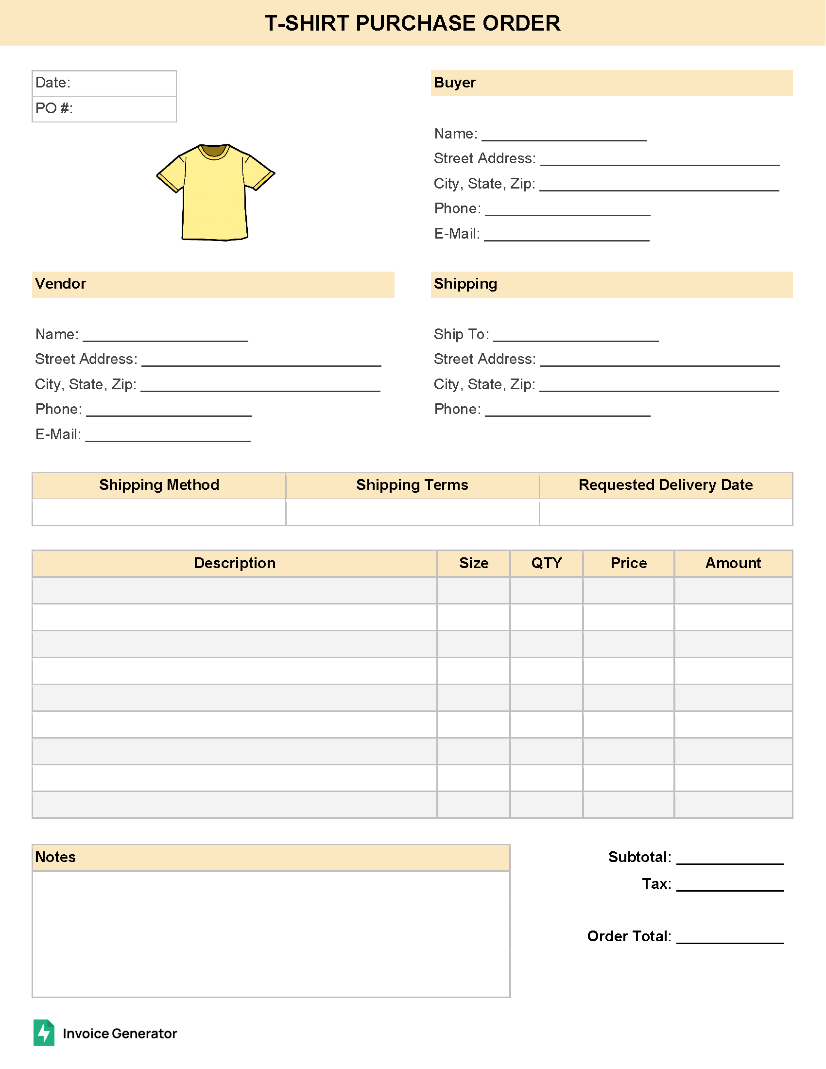 T-Shirt Purchase Order Template