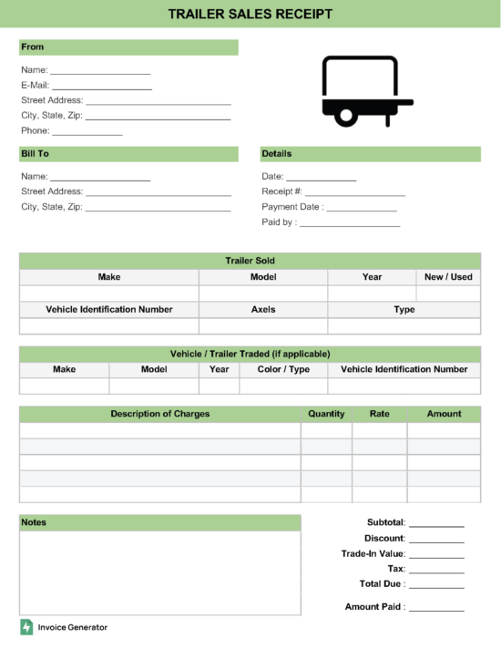 Trailer Sales Receipt Template