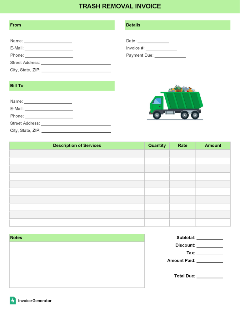 Trash removal invoice template