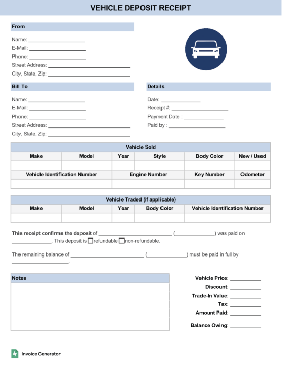 Vehicle Deposit Receipt Template