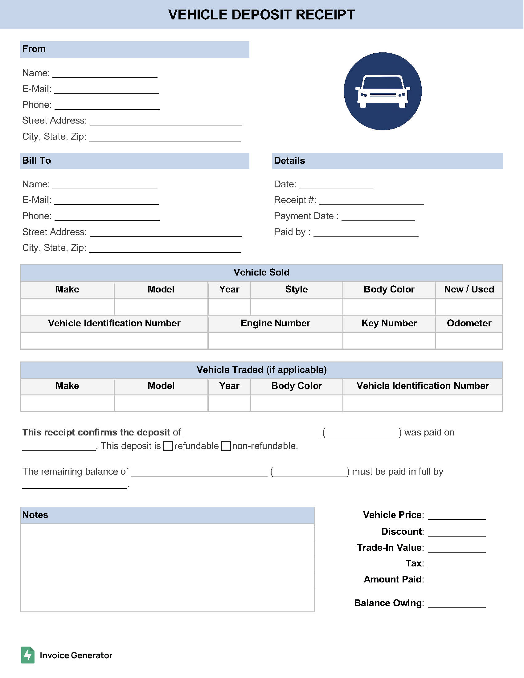Vehicle Deposit Receipt Template