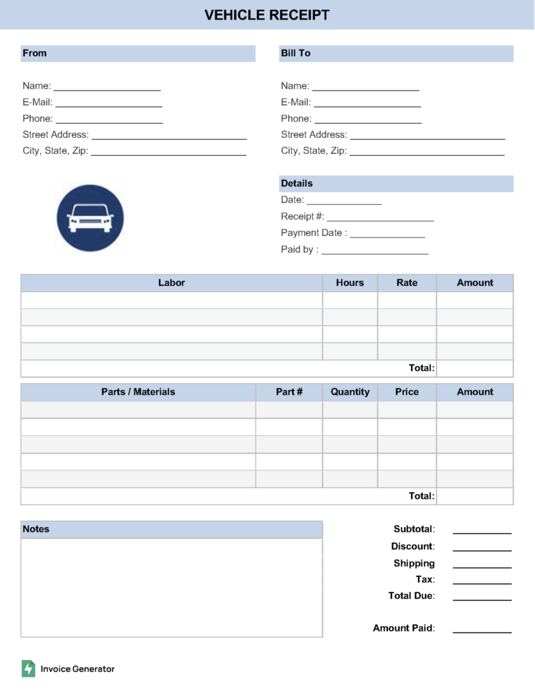 Vehicle receipt template