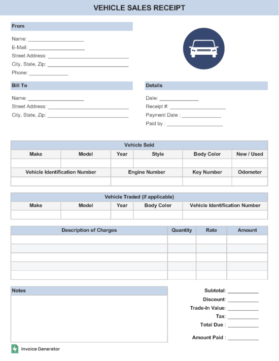 Vehicle Sales Receipt Template