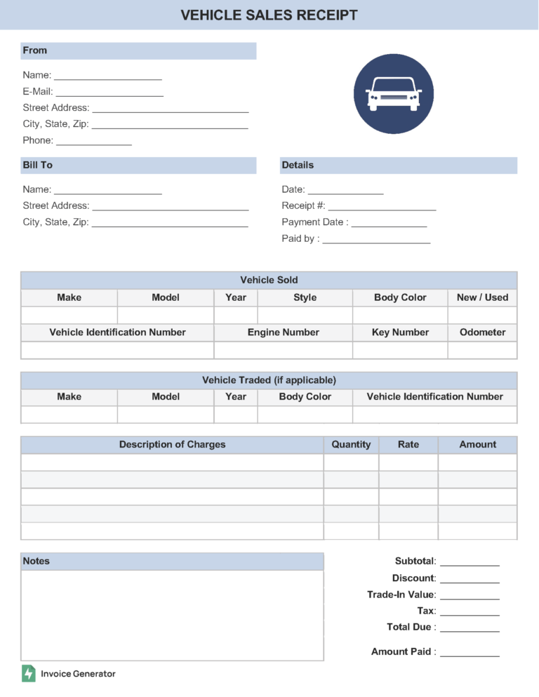 Vehicle sales receipt template