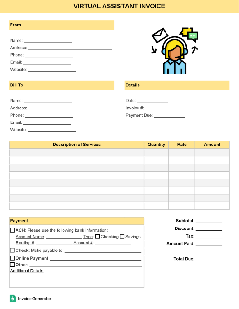 Virtual assistant invoice template