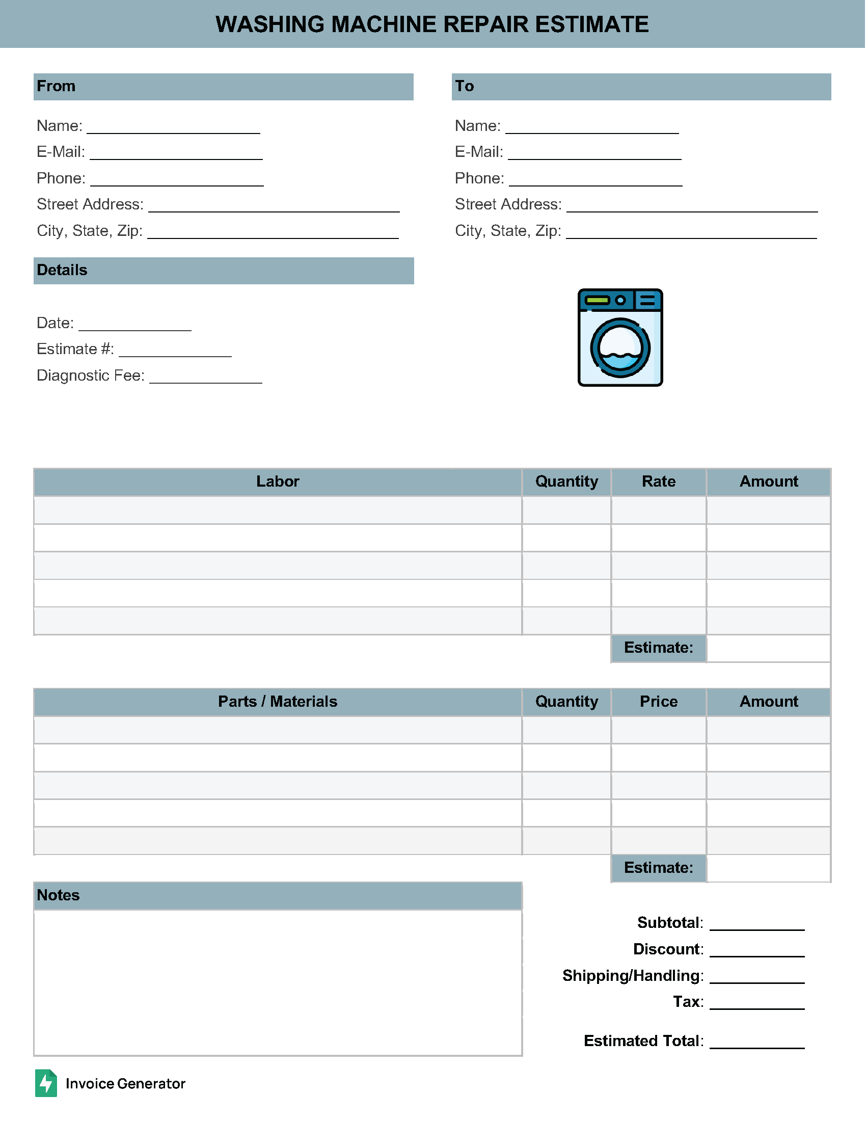 Washing machine repair estimate template