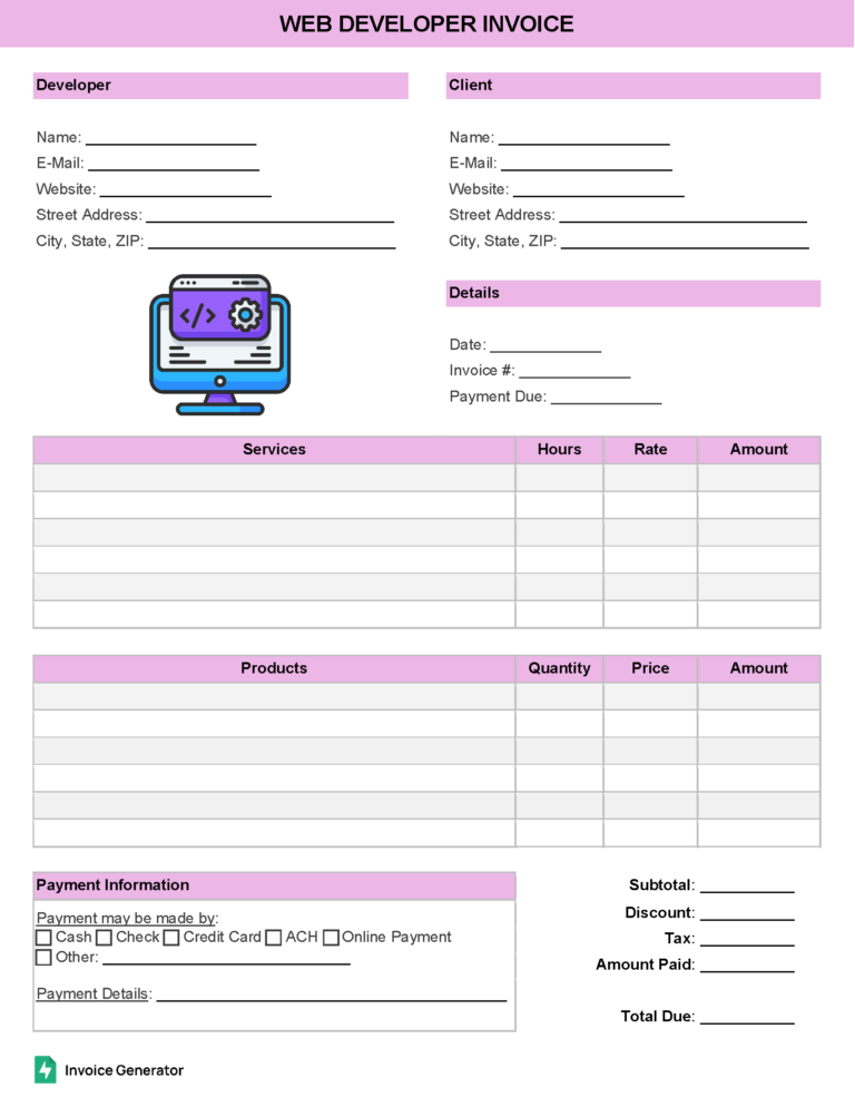 Web developer invoice template