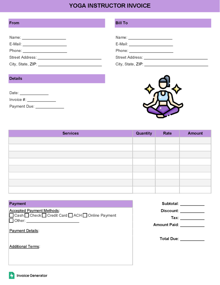 Yoga instructor invoice template